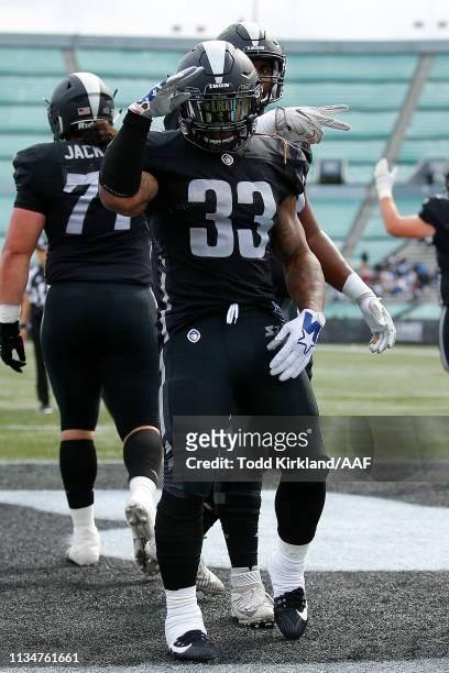 Trent Richardson of Birmingham Iron celebrates after scoring against the Orlando Apollos during their Alliance of American Football game at Legion...
