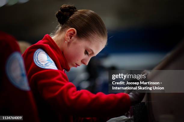 Alexandra Trusova of Russia prepares in the Junior Ladies Free Skating during day 4 of the ISU World Junior Figure Skating Championships Zagreb at...