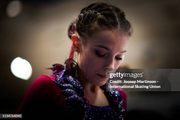 Anna Shcherbakova of Russia prepares in the Junior Ladies Free Skating during day 4 of the ISU World Junior Figure Skating Championships Zagreb at...