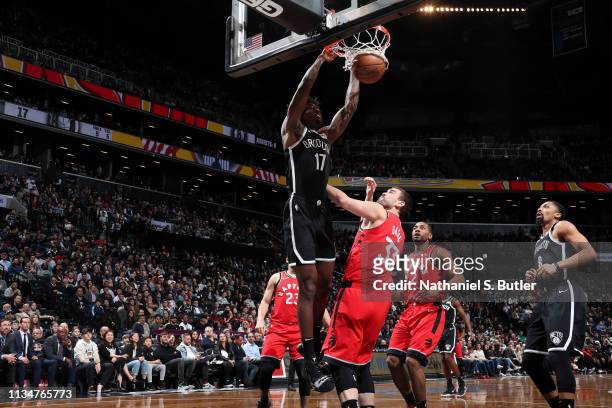 Ed Davis of the Brooklyn Nets dunks the ball against the Toronto Raptors on April 3, 2019 at Barclays Center in New York City, New York. NOTE TO...