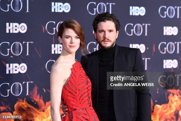 Scottish actress Rose Leslie and husband British actor Kit Harington arrive for the "Game of Thrones" eighth and final season premiere at Radio City...