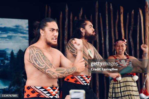 te pākira culturele prestaties bij whakarewarewa, de living maori village, rotorua, nieuw-zeeland/aotearoa - haka stockfoto's en -beelden