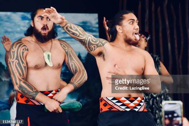 te pākira culturele prestaties bij whakarewarewa, de living maori village, rotorua, nieuw-zeeland/aotearoa - haka stockfoto's en -beelden