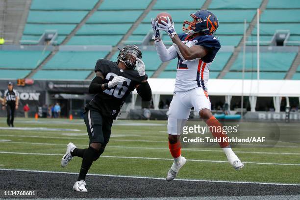 Charles Johnson of Orlando Apollos catches a touchdown in the end zone against the Birmingham Iron during their Alliance of American Football game at...