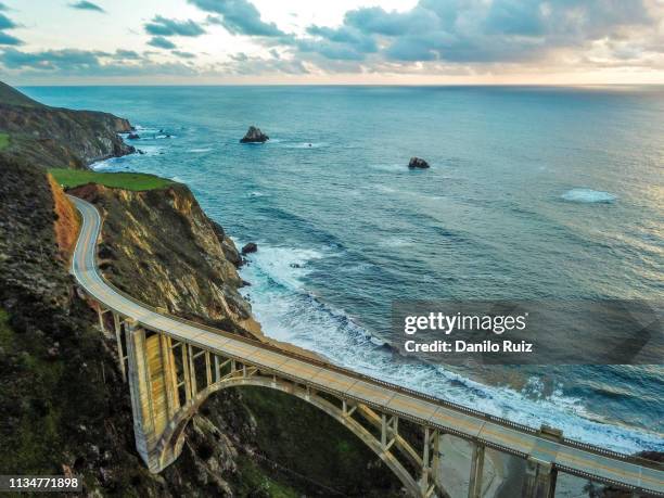 bixby creek bridge big sur aerial view highway one california coast beach sunset - bixby bridge stock pictures, royalty-free photos & images