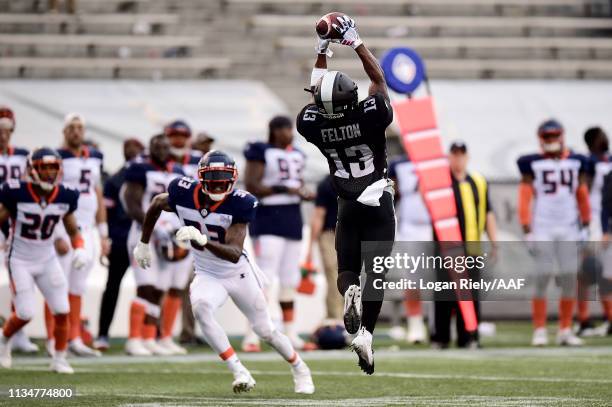 DeVozea Felton of Birmingham Iron makes a catch during their Alliance of American Football game against the Orlando Apollos at Legion Field on March...