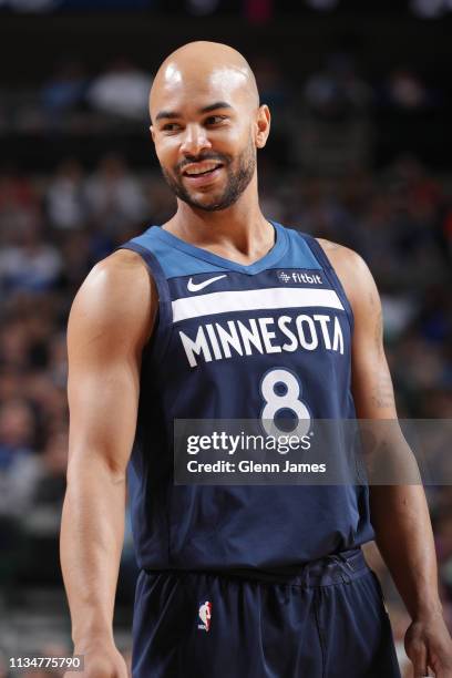 Jerryd Bayless of the Minnesota Timberwolves smiles during the game against the Dallas Mavericks on April 3, 2019 at the American Airlines Center in...