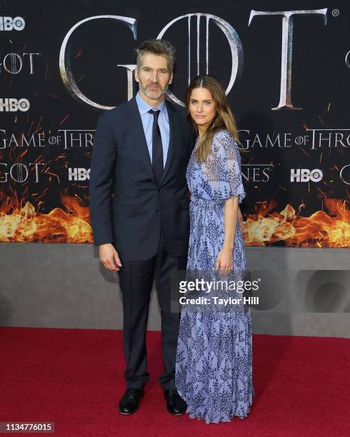David Benioff and Amanda Peet attend the Season 8 premiere of "Game of Thrones" at Radio City Music Hall on April 3, 2019 in New York City.