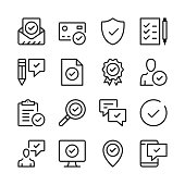 Approve line icons set. Check marks, ticks, guarantee, verified, certification concepts. Modern graphic design concepts, simple outline elements collection. Vector line icons