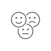Vector feedback emoticons, positive, negative and neutral faces line icon.
