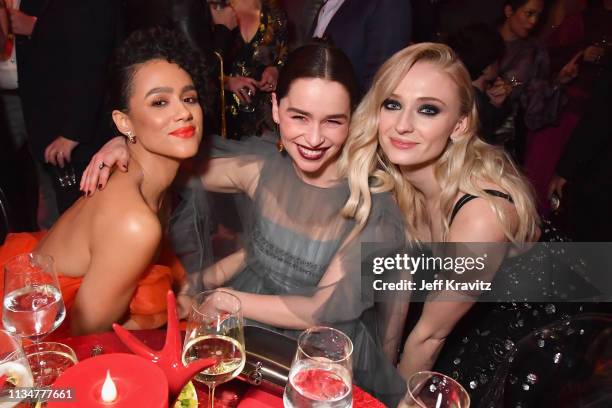 Nathalie Emmanuel, Emilia Clarke and Sophie Turner attend the "Game Of Thrones" Season 8 NY Premiere on April 3, 2019 in New York City.