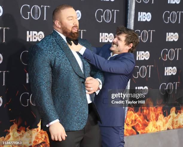 Hafthor Julius Bjornsson and Pedro Pascal attend the premiere of "Game of Thrones" at Radio City Music Hall on April 3, 2019 in New York City.