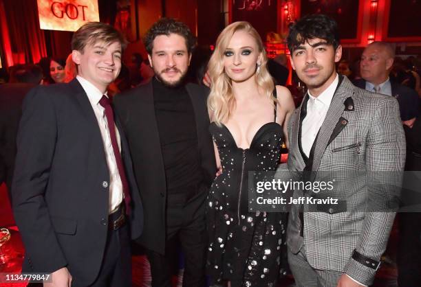 Jack Gleeson, Kit Harington, Sophie Turner and Joe Jonas attend the "Game Of Thrones" Season 8 NY Premiere After Party on April 3, 2019 in New York...