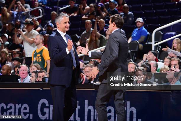 Head Coach Igor Kokoskov of the Phoenix Suns and Head Coach Quin Snyder of the Utah Jazz shake hands after the game on April 3, 2019 at Talking Stick...