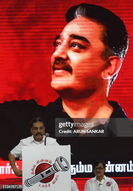 In this photo taken on March 24 Indian actor turned politician Kamal Haasan, founder of the Makkal Needhi Mayyam party, addresses supporters at an...