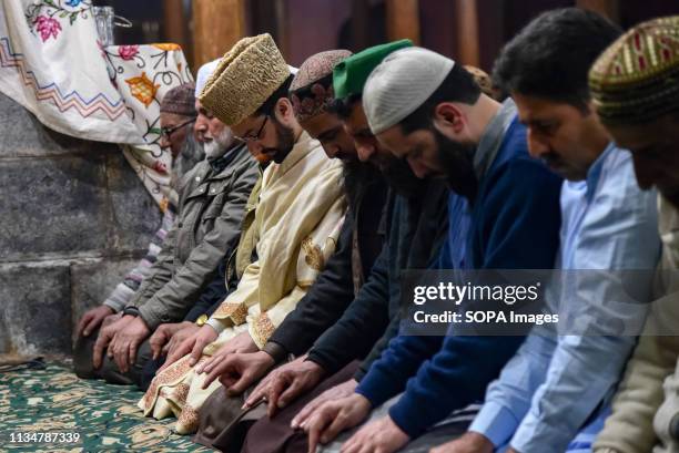 Kashmiri Muslims are seen offering prayers during the occasion of Shab-e-Meraj inside a mosque in Srinagar. Lailat-ul-Meraj also known as...