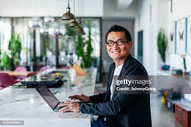 chinese businessman in contemporary cafe using laptop - asian business man stock pictures, royalty-free photos & images