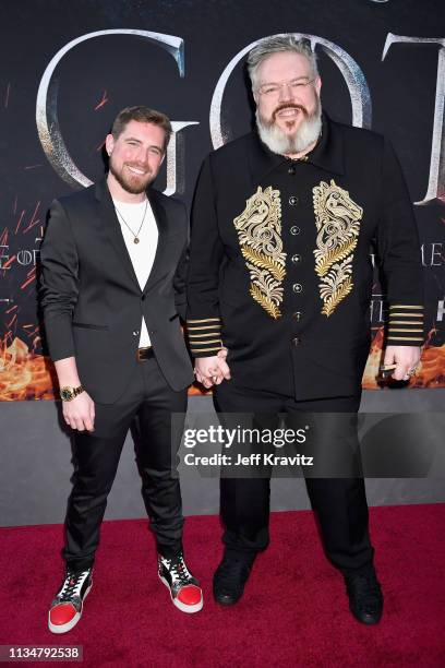 Kristian Nairn and guest attend the "Game Of Thrones" Season 8 NY Premiere on April 3, 2019 in New York City.