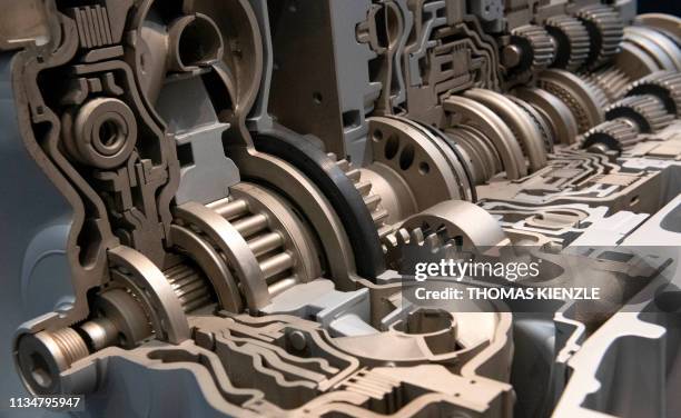 Section of a 6 gear automatic transmission is displayed in an exhibition at the headquarters of German auto parts maker ZF Friedrichshafen on the...