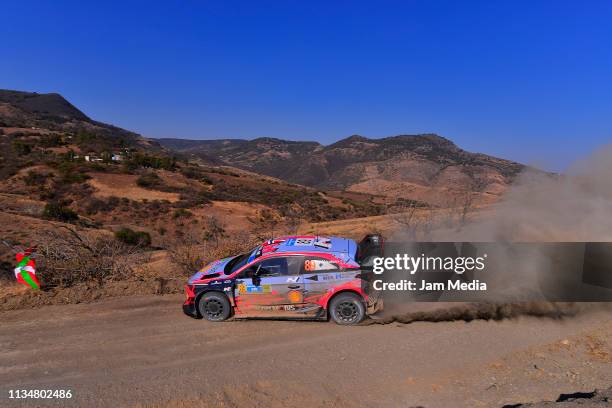 Andreas Mikkelsen of Norway and Anders Jaeger of Norway compete in their Hyundai Shell Mobis World Rally Team during day two of the FIA World Rally...