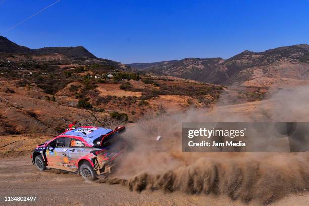 Andreas Mikkelsen of Norway and Anders Jaeger of Norway compete in their Hyundai Shell Mobis World Rally Team during day two of the FIA World Rally...