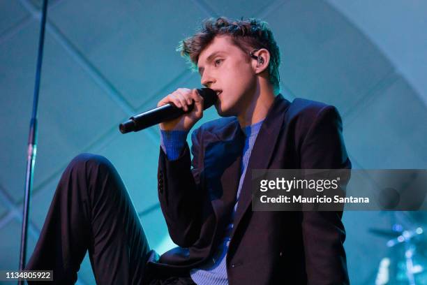 Troye Sivan performs live on stage at Cine Joia on April 03, 2019 in Sao Paulo, Brazil.