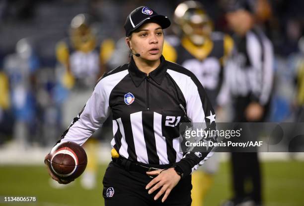 Referee Maia Chaka officiates while the Salt Lake Stallions and the San Diego Fleet play in the Alliance of American Football game at SDCCU Stadium...