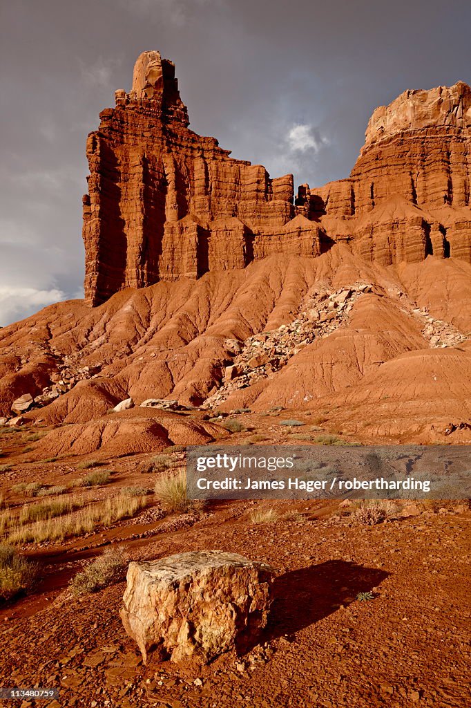 Chimney Rock with storm clouds, Capitol Reef National Park, Utah, United States of America, North America