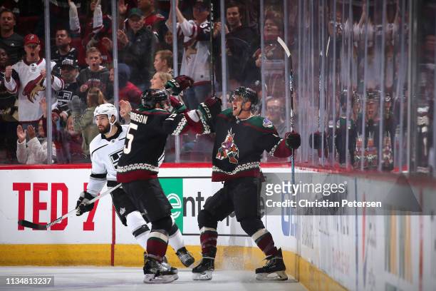 Michael Grabner of the Arizona Coyotes celebrates with Brad Richardson after scoring a goal against the Los Angeles Kings during the third period of...