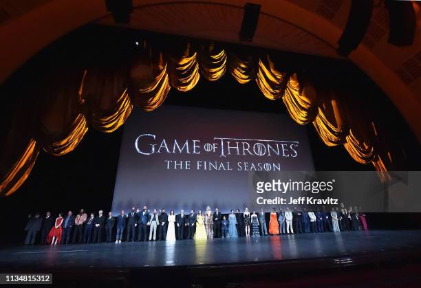 Game of Thrones" cast members gather onstage during the "Game Of Thrones" Season 8 NY Premiere on April 3, 2019 in New York City.