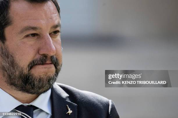 Italys Interior Minister and Deputy Prime Minister Matteo Salvini reacts poses for a group photo at the French Ministry of Interior in Paris on April...