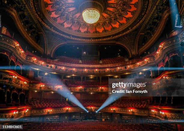 Final checks of the stage spot lights are carried out before the audience enters during the World Premier of Northern Ballet’s performance of...