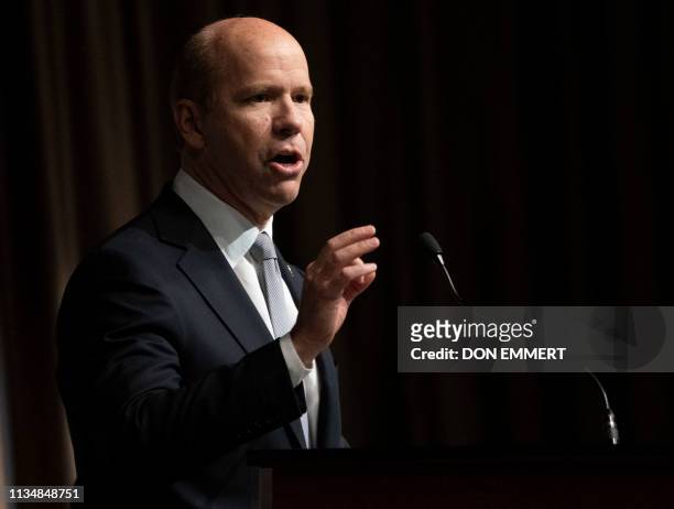 Democratic Presidential candidate John Delaney speaks during a gathering of the National Action Network April 4, 2019 in New York. The National...