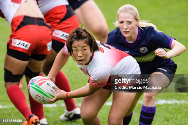 Yume Okuroda of Japan in action during the qualifier ahead of the Cathay Pacific/HSBC Hong Kong Sevens at the Hong Kong Stadium on April 4, 2019 in...