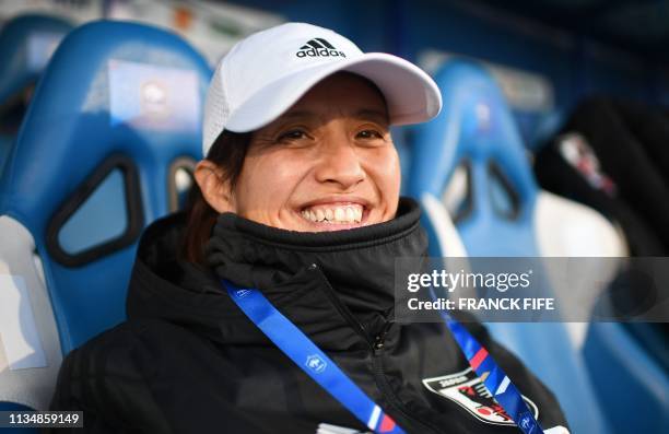 Japan's head coach Asako Takakura smiles before the FIFA international friendly football match between France and Japan at the Abbe-Deschamps Stadium...