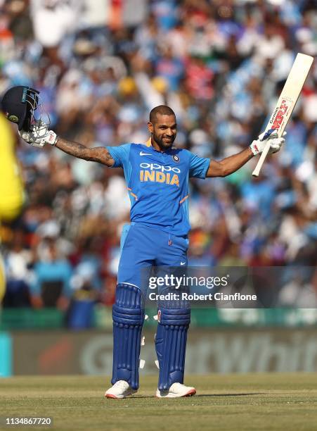 Shikhar Dhawan of India celebrates scoring his century during game four of the One Day International series between India and Australia at Punjab...