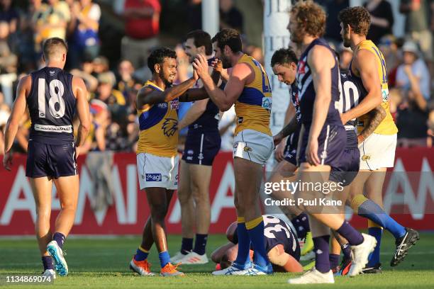 Willie Rioli and Jack Darling of the Eagles celebrate a goal during the 2019 JLT Community Series AFL match between the Fremantle Dockers and the...