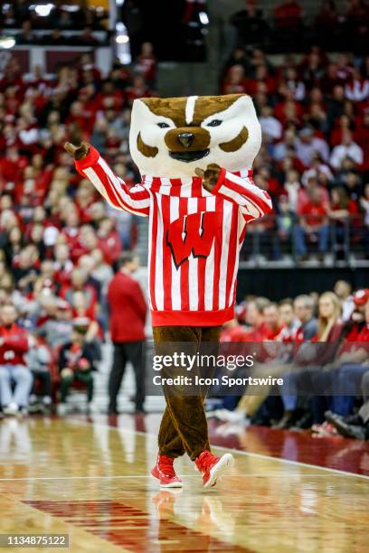 Wisconsin mascot Bucky Badger during a college basketball game between the University of Wisconsin Badgers and the Penn State University Nittany...