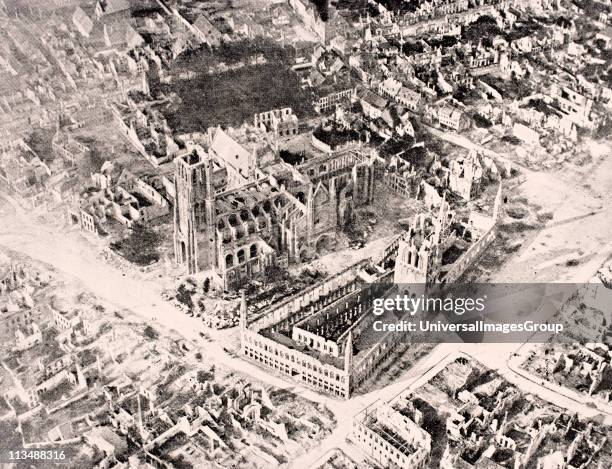 Aerial view of Ypres in 1915 after First and Second Battles of Ypres. The two major buildings are The Cloth Hall front and Cathedral of Saint Martin...