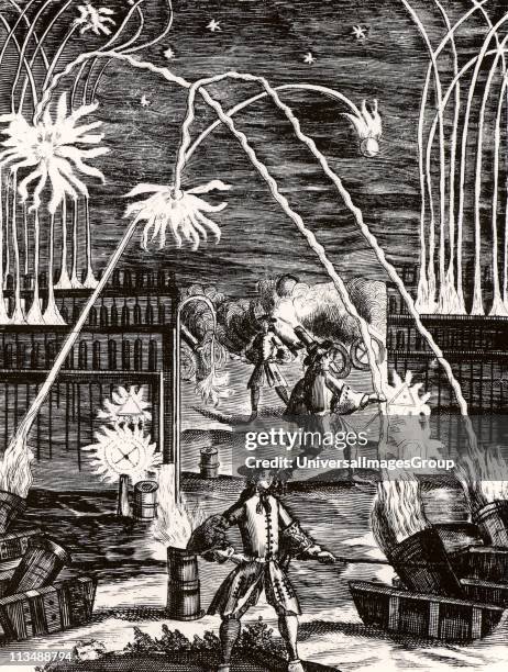 The uses of gunpowder including mortars, cannon, rockets and fireworks. From Magia Naturalis by Johannes Baptista della Porta . The first edition of...