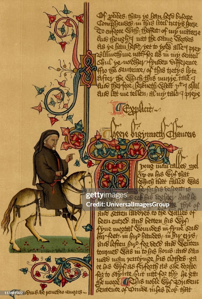 Geoffrey Chaucer (c1345-1401) English poet. Equestrian portrait of Chaucer from the Ellesmere manuscript of his Canterbury Tales (14th century).