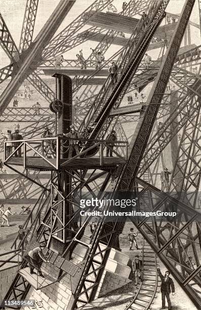 Construction of the Eiffel Tower, Paris, France. General view of one of the cranes used for lifting components to the working level. From La Nature .