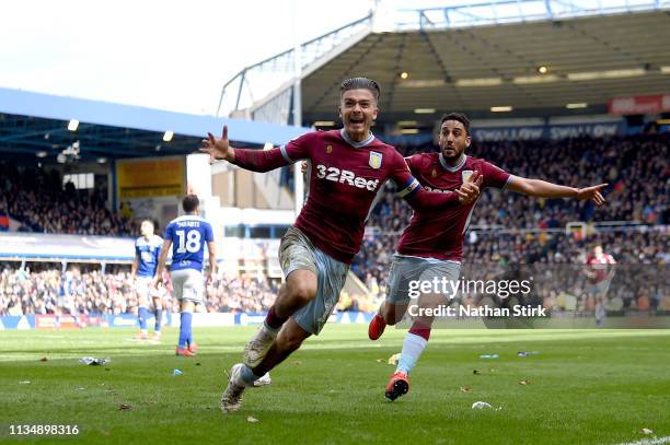 Jack Grealish of Aston Villa celebrates after scoring his sides first goal during the Sky Bet Championship match between Birmingham City v Aston...