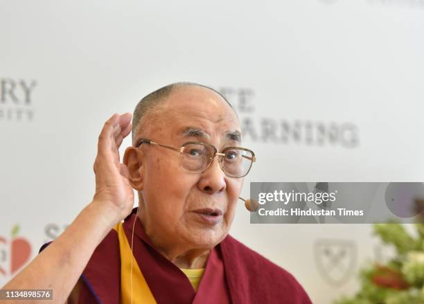 Tibetan spiritual leader Dalai Lama during a press conference at Hotel Andaz, in Aerocity, on April 4, 2019 in New Delhi, India. The Dalai Lama...