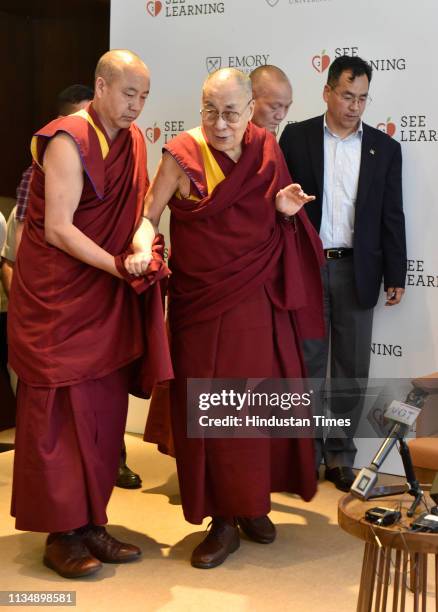 Tibetan spiritual leader Dalai Lama during a press conference at Hotel Andaz, in Aerocity, on April 4, 2019 in New Delhi, India. The Dalai Lama...