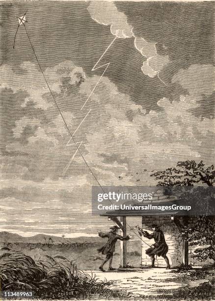 Artist's impression of the Benjamin Franklin's investigation of the electrical nature of lightning, made at Philadelphia, USA, in September 1752....