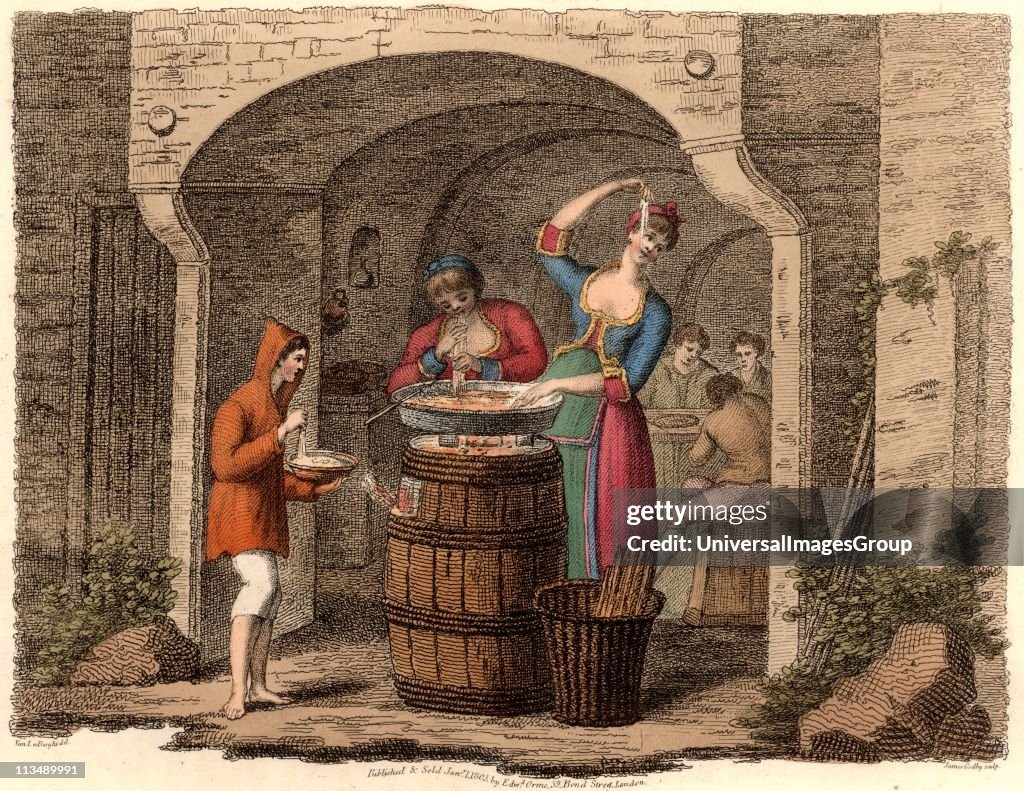 Neopolitans Eating Macaroni'. A typical country village Maccaronara near Naples, Italy, which would serve macaroni dressed with Parmesan cheese and a little salt. Hand coloured lithograph from Italian Scenery, Manners and Customs by Buon Airetti (London, ...