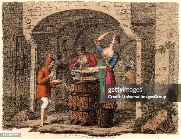 Neopolitans Eating Macaroni'. A typical country village Maccaronara near Naples, Italy, which would serve macaroni dressed with Parmesan cheese and a little salt. Hand coloured lithograph from Italian Scenery, Manners and Customs by Buon Airetti (London, Neopolitans Eating Macaroni'. A typical country village Maccaronara near Naples, Italy, which would serve macaroni dressed with Parmesan cheese and a little salt. Hand coloured lithograph from Italian Scenery, Manners and Customs by Buon Airetti (London,