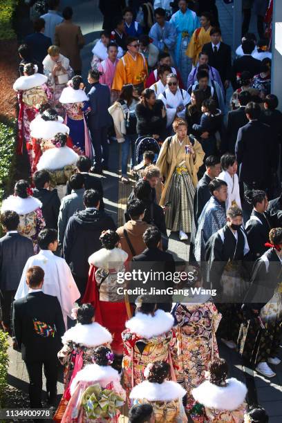 japoneses nuevos adultos vistiendo kimonos y trajes en ' día de la llegada de la edad ' en la calle en yokohama - seijin no hi fotografías e imágenes de stock