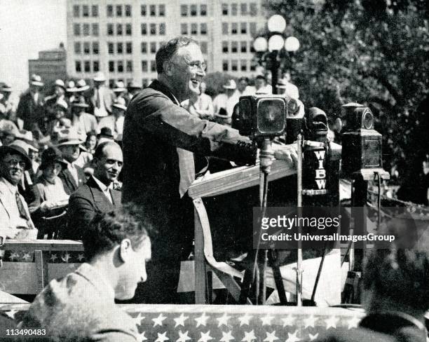 The New Deal: Franklin Delano Roosevelt 32nd President of the USA at Topeka, on the 1932 campaign trail, addressing American farmers and telling them...